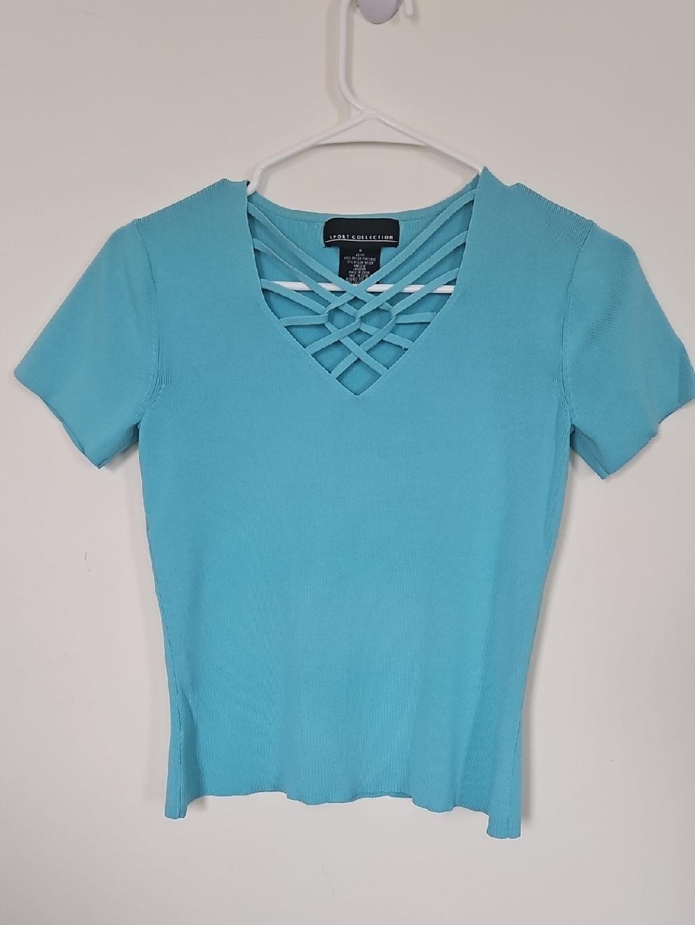 Sport Collection Turquoise Blue Knit Top Strappy Lattice Neckline Short Sleeve S